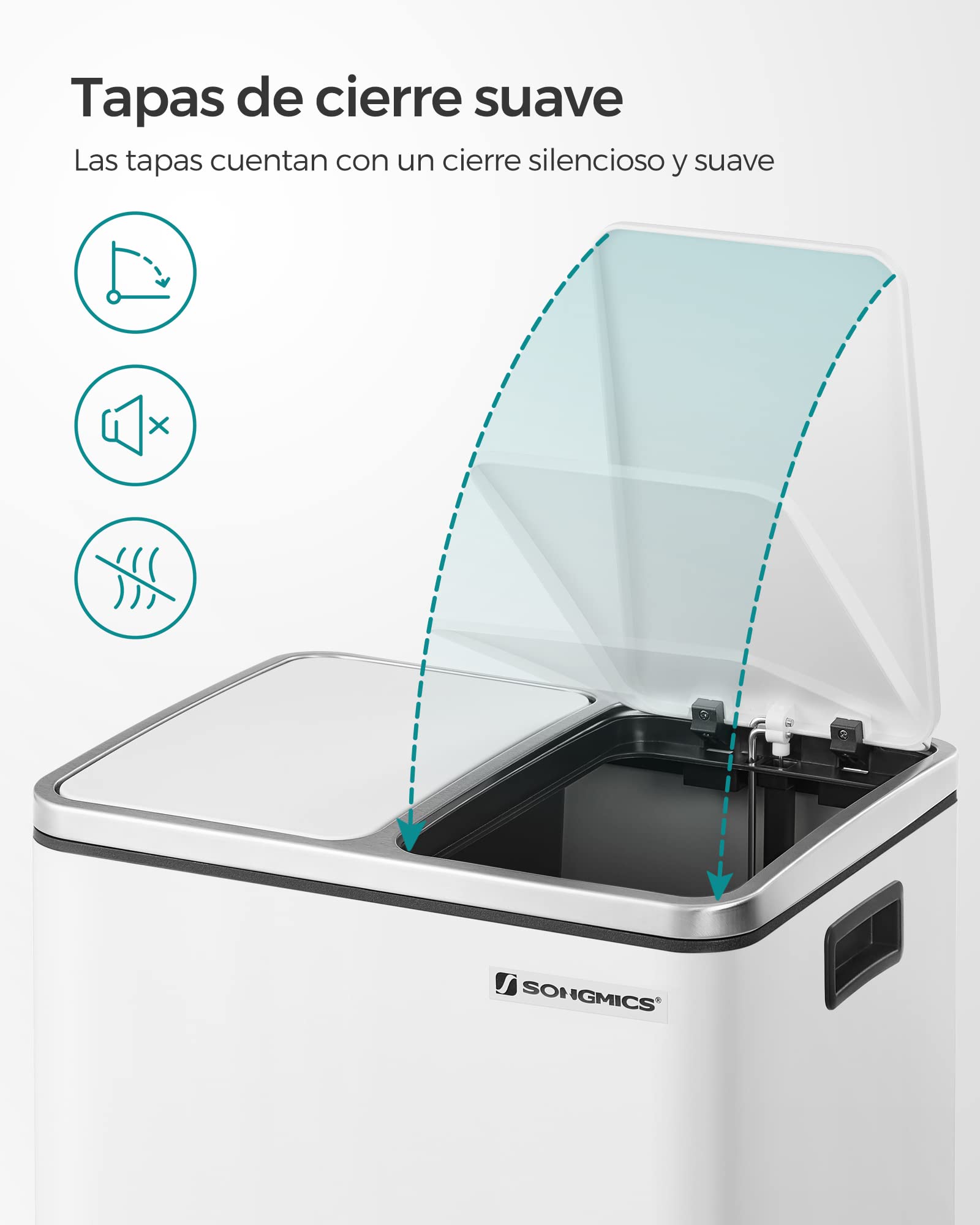 SONGMICS Cubo de Basura de Cocina, 2 x 15 L, Cubo con Cubeta Doble para Reciclaje y Residuos, con Pedal, Tapas de Cierre Suave, para Familias Pequeñas, Acero, Blanco Nube LTB30WT