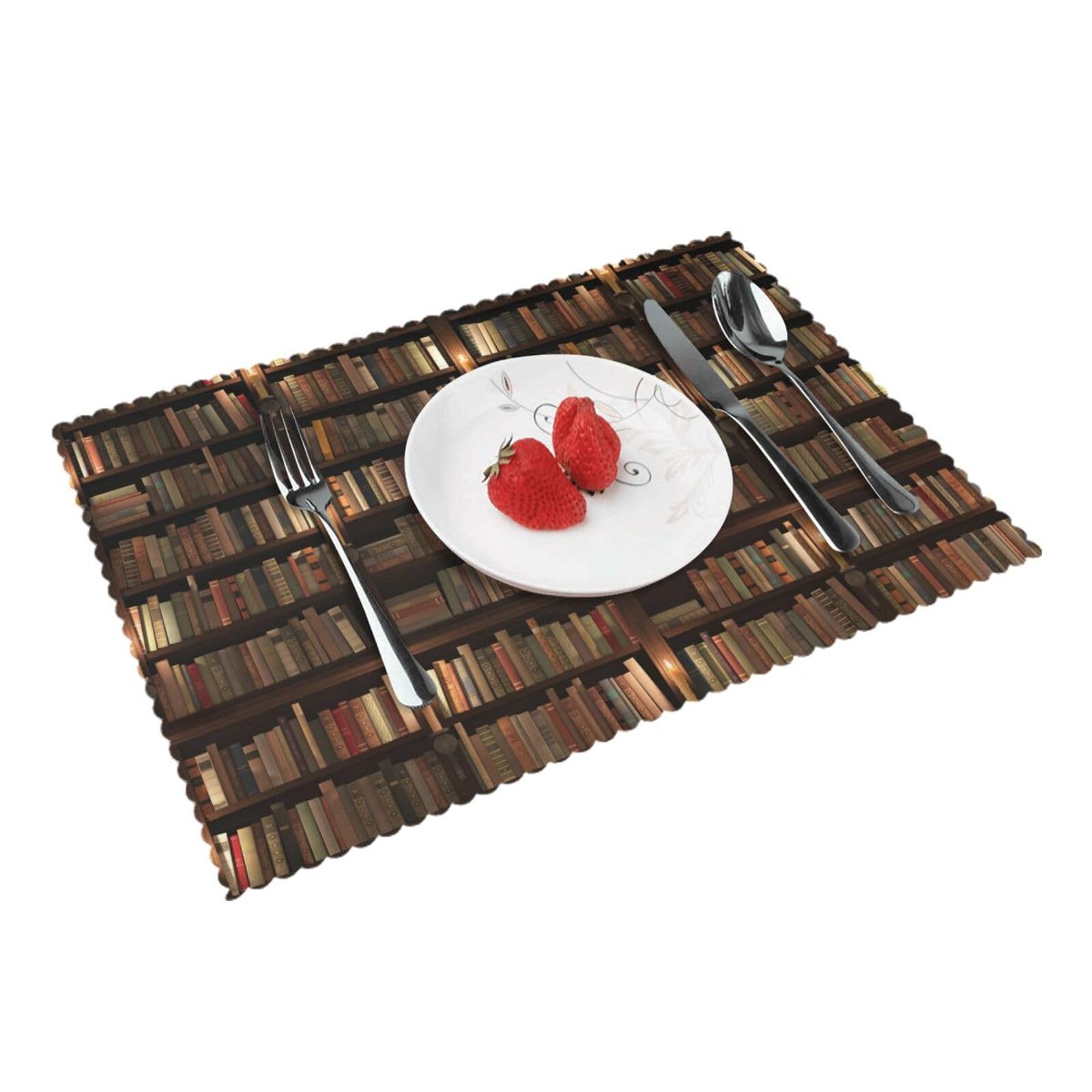 Library Bookshelf Book Printed Placemats Set of 4 PCS Washable Placemat for Kitchen Table Heat-resistant Table Mats 45x30 CM