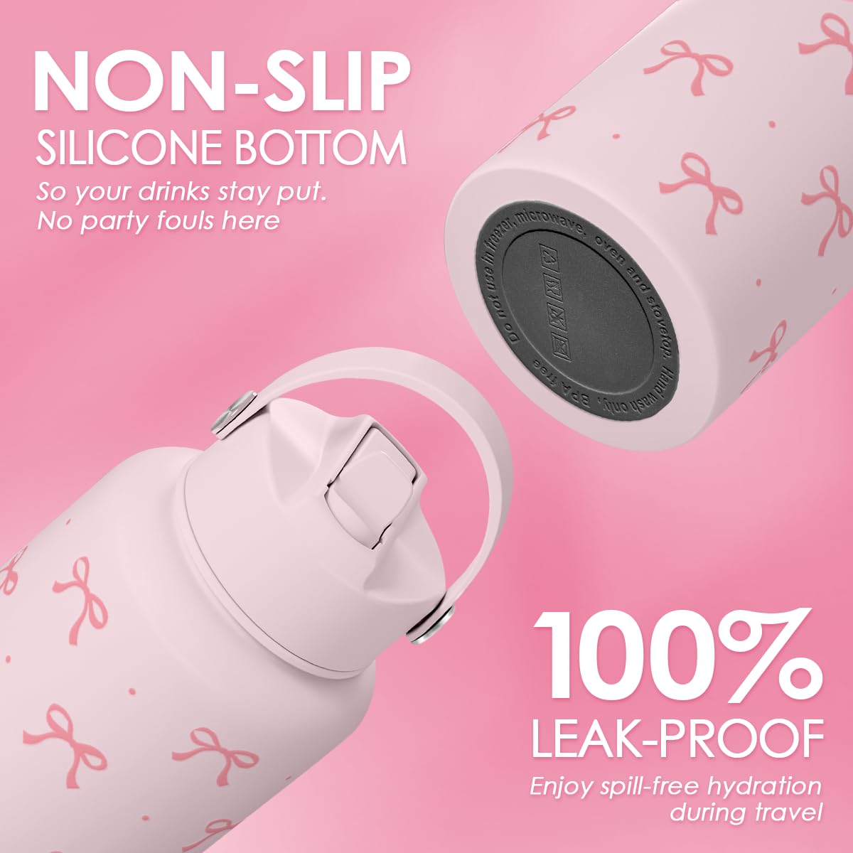 SANDJEST Rosa Schleife Wasserflasche Edelstahl isoliert Vakuum 1 l (32 oz) mit Deckel, Geschenke für Frauen Mädchen Teenager Geburtstag Weihnachten