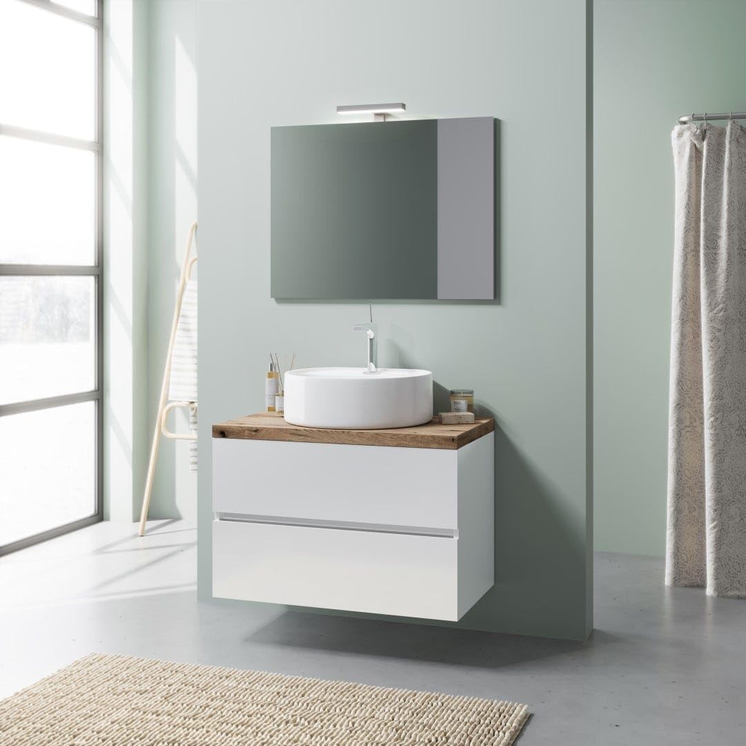 Kiamami Valentina - Mobile Bagno Sospeso 80Cm Bianco Lucido, Lavabo, Specchio 80X60 | Elba