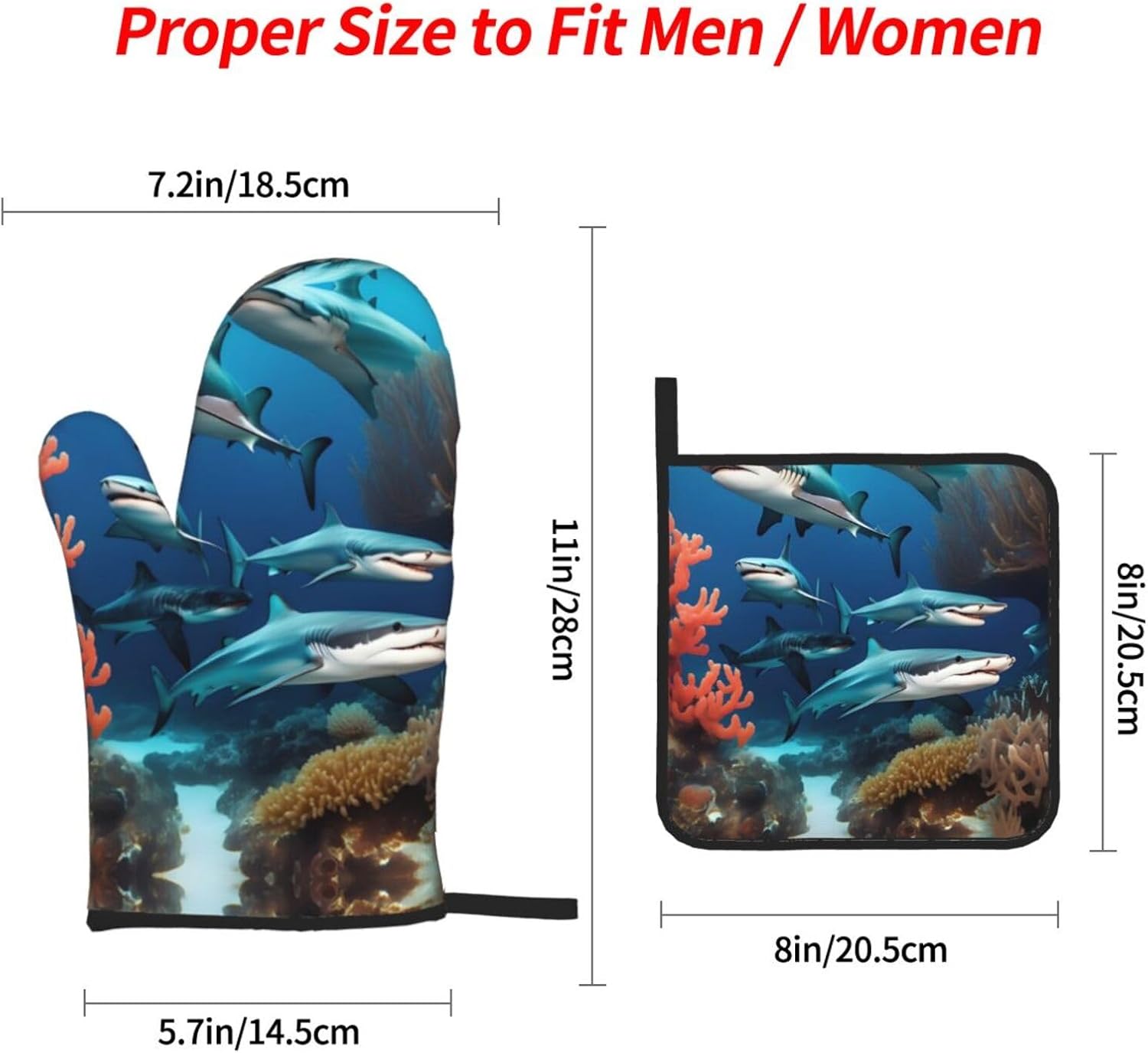 Submarine shark coral Oven gloves and heat-resistant mat 4-piece set. Suitable for grilling, microwave oven frying, and baking
