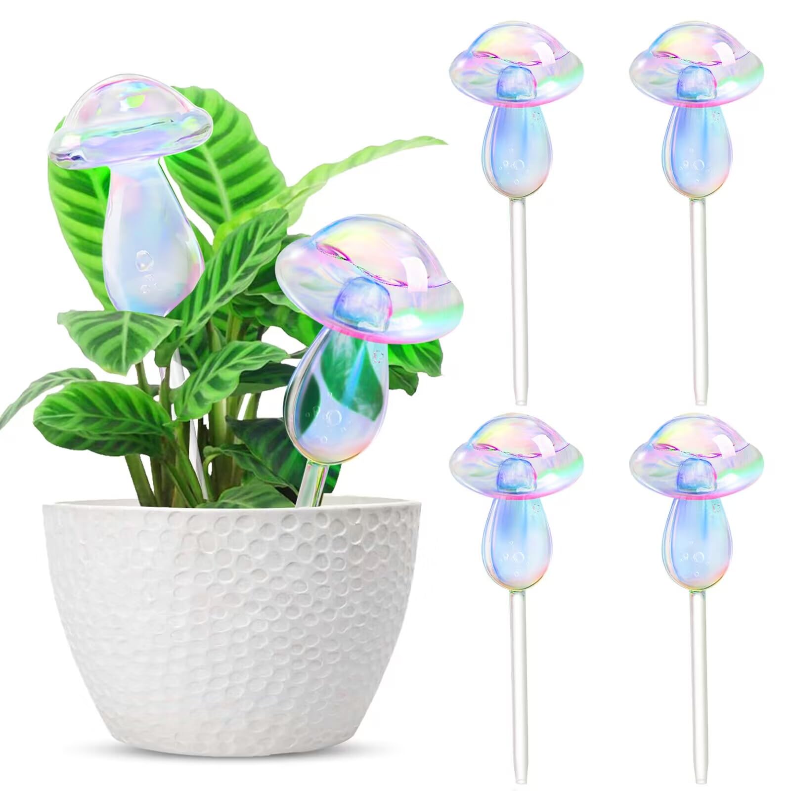 YZNlife 4 Pack Plant Watering Globes Glass Iridescent Rainbow Gradient Color Clear Mushroom Self Watering Stakes-Plant Watering Bulbs Devices for Indoor and Outdoor Plants - Measures 9" L x 2.7" D