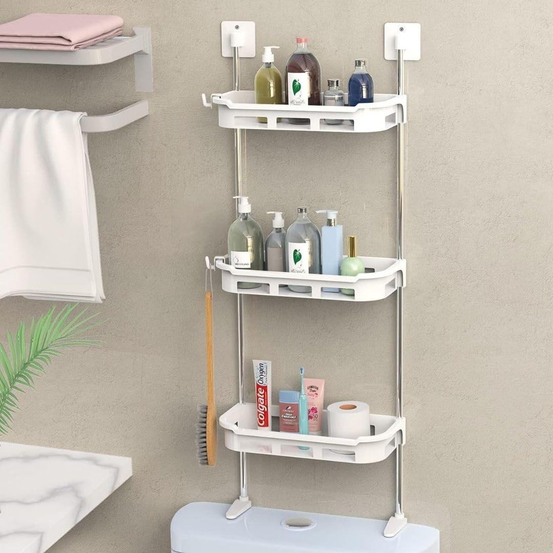 Wall Mounted Adhesive Bathroom Storage Rack, Hanging Storage Rack for Bathroom and Kitchen, 3 Tier Bathroom Shelf to Store Shampoo, Conditioners, Shower Gel, Over the Commode Shelf