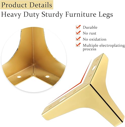 Miniatura 3 de 12 patas de metal para muebles, estilo moderno, patas triangulares para sofá, patas de repuesto para sillas, mesa, armario, sofá, otomano (dorado, 4