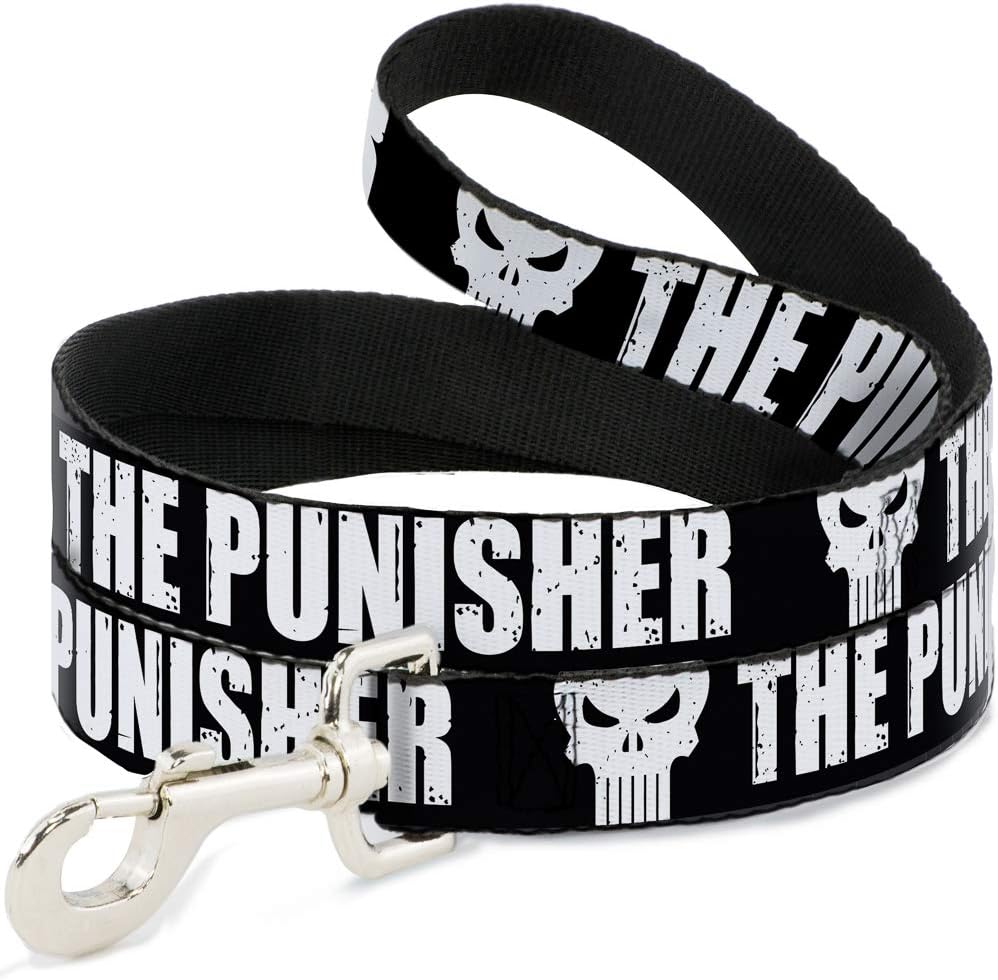 Dog Leash The Punisher Bold Logo4 Weathered Black White 6 Feet Long 0.5 Inch Wide