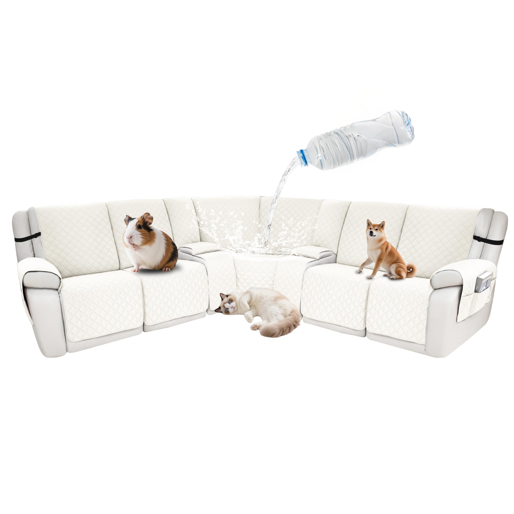 Waterproof Sectional Reclining Couch Covers L Shaped Recliner Sectional Sofa Cover 8 Piece Non Slip Washable Corner Recliner Slipcover Set for Pet Dog (5 Seater 2 Console Cover, Ivory White)