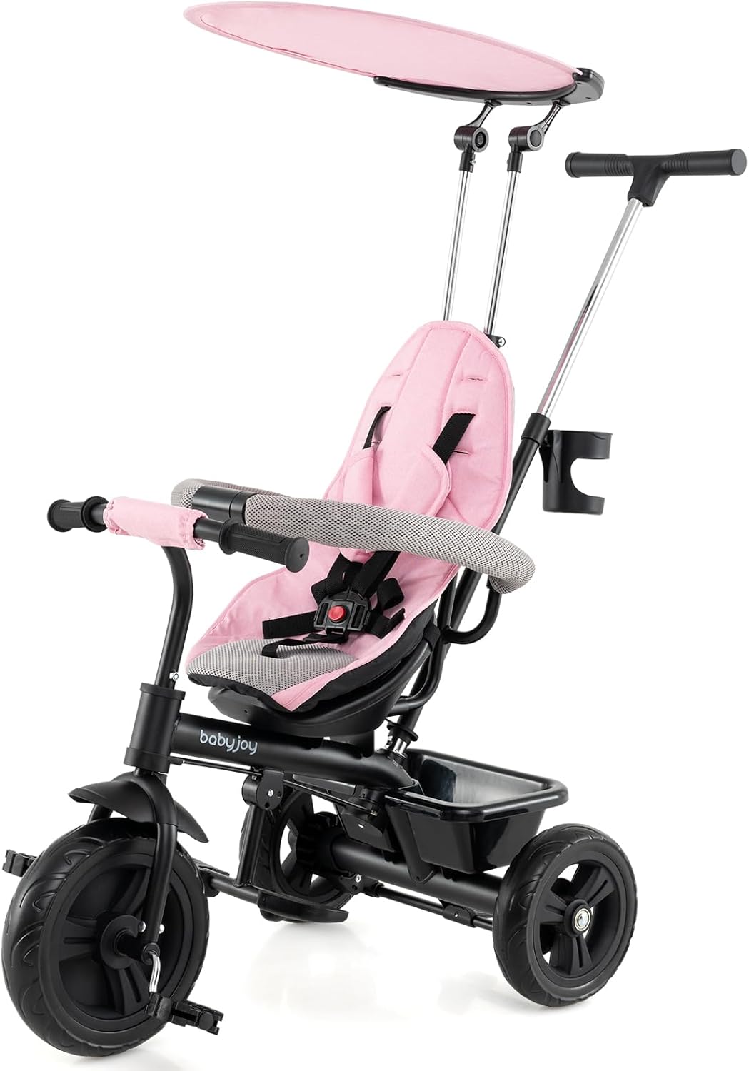 BABY JOY Toddler Tricycle, 7 in 1 Push Trike w/Adjustable Canopy, Parent Push Handle, Seat & Footrests, 5-Point Safety Harness and All-Terrain EVA Wheels, Kids Stroller Bike for 9-60 Months (Pink)