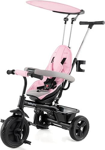 Miniatura 35 de BABY JOY Triciclo, bicicleta 4 en 1 para niños pequeños con toldo extraíble, asa de empuje ajustable, asiento reversible, cinturón de seguridad