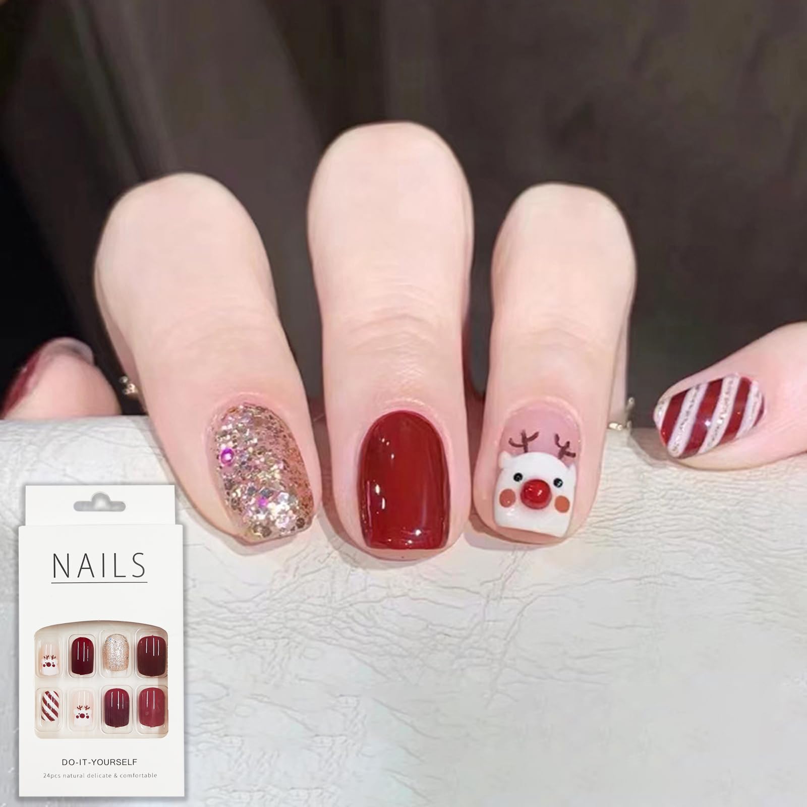 Christmas False Nails With Glue, Press on Nails, Red Burgundy White Short Square French Stick on for Women and Girls, Nail Art Decoration Accessories, #618