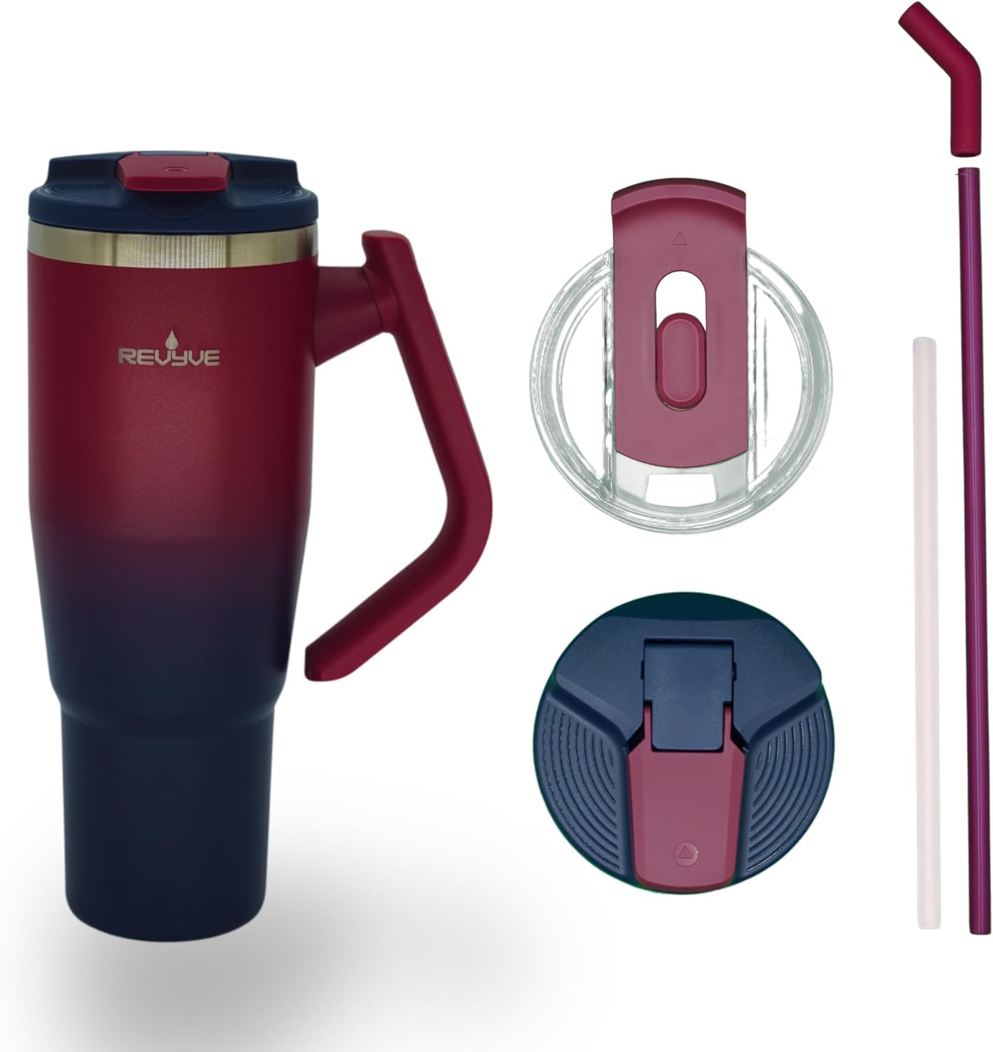 Revyve 1.2L Insulated Tumbler Water Bottle, Stainless Steel Hot & Cold Flask with Rotating Handle, 2 Lids & Straws, Large Travel Mug, Gift for Dad, Husband, Grandad & Men (Navy/Burgundy)