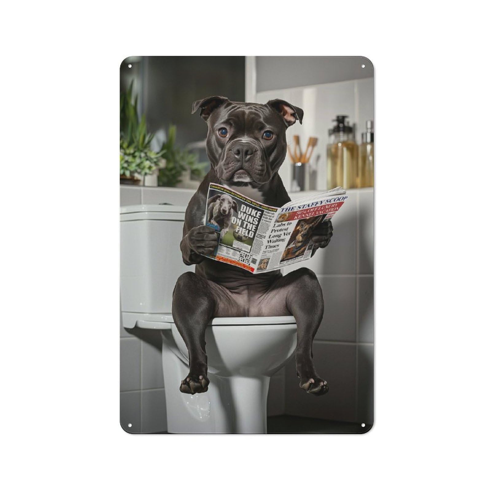 Junmoney Staffordshire Terrier On The Toilet Reading N Ewspaper Rustic Metal Plaque 30X20cm For Lounge Or Reading Corner, For Home Office, Studio And Craft Room Walls