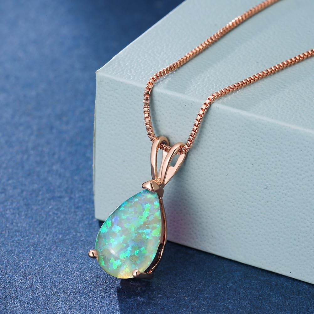 Collana Ovale con Opale Blu,Collana Delicata Placcata in Argento con Goccia d'Acqua con Opale di Fuoco