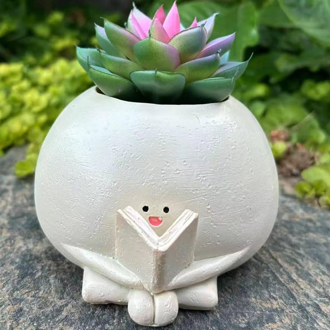 Smile Face Planter Pot with Drainage Hole, Unique Flower Pots for String of Pearls Plant Live, Reading Planter, Funny Resin Plant Pot for Indoor