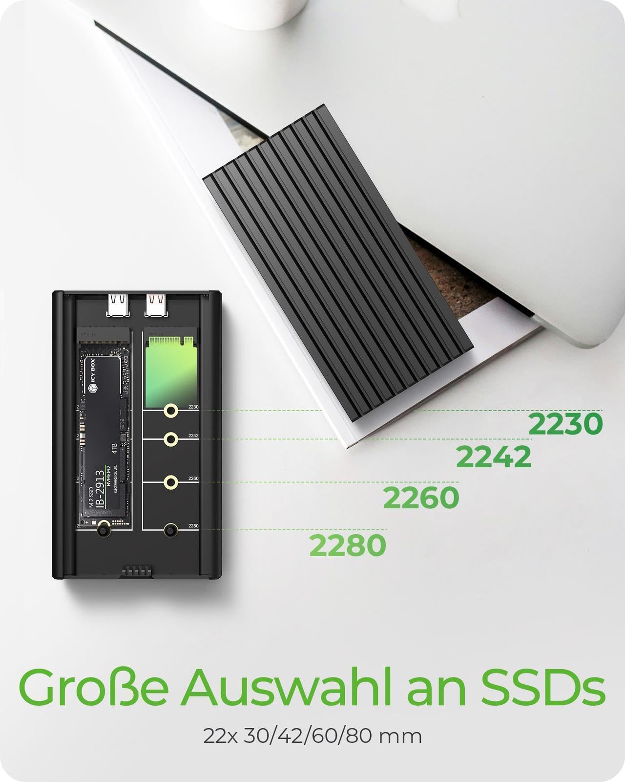 ICY Box 2-Fach M.2 SSD / NVMe Gehäuse, USB 3.2 Gen 2 (20 Gbit/s), Kühlsystem, Dual PCIe Gen 3x2 Unterstützung, USB-C, M-Key, Extern, NVMe Adapter, Aluminium, Schwarz