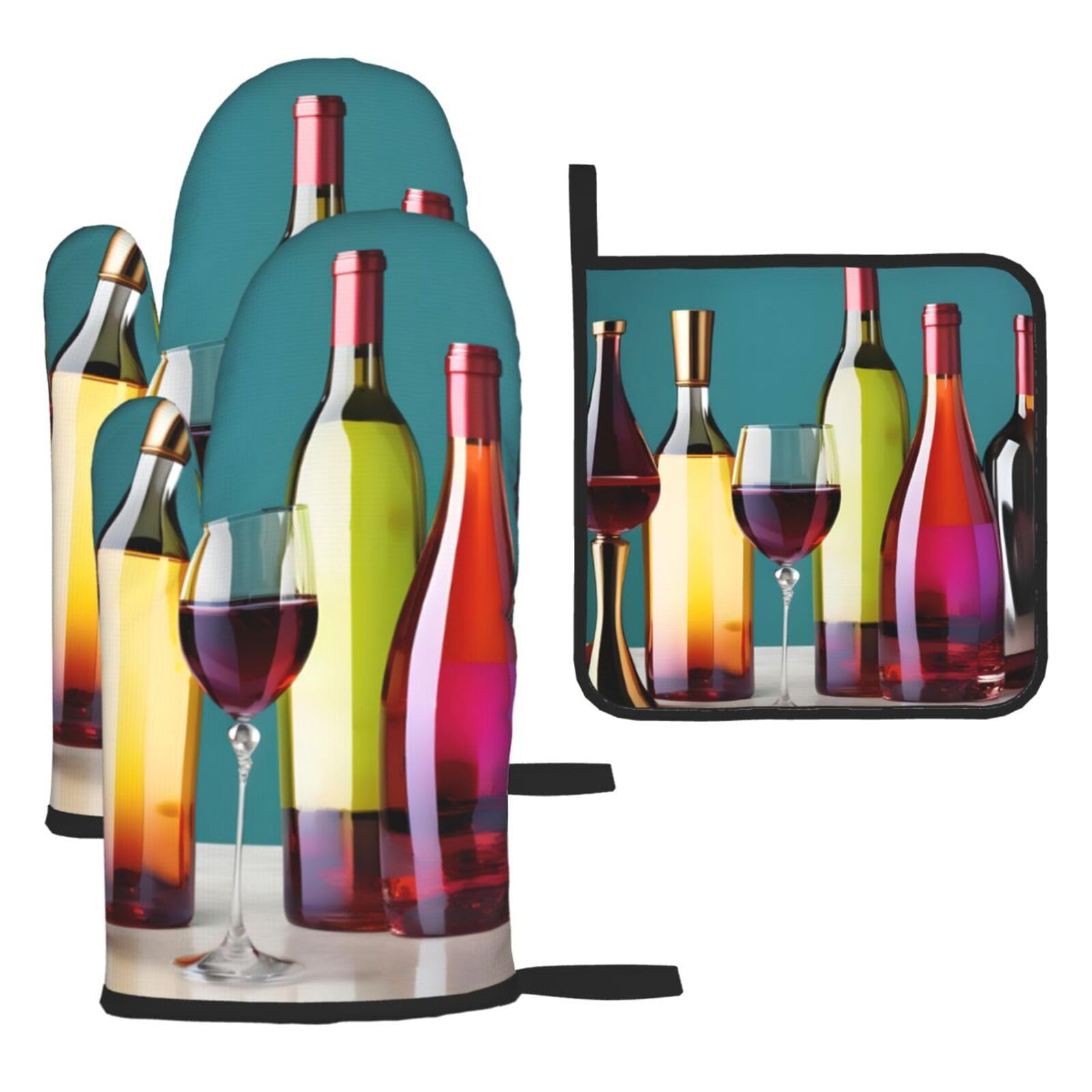 Cocktail Glasses And Wine Bottless Print Oven Mitts Kitchen Gloves Set Everyday Baking Grilling Microwaving Cooking Gift