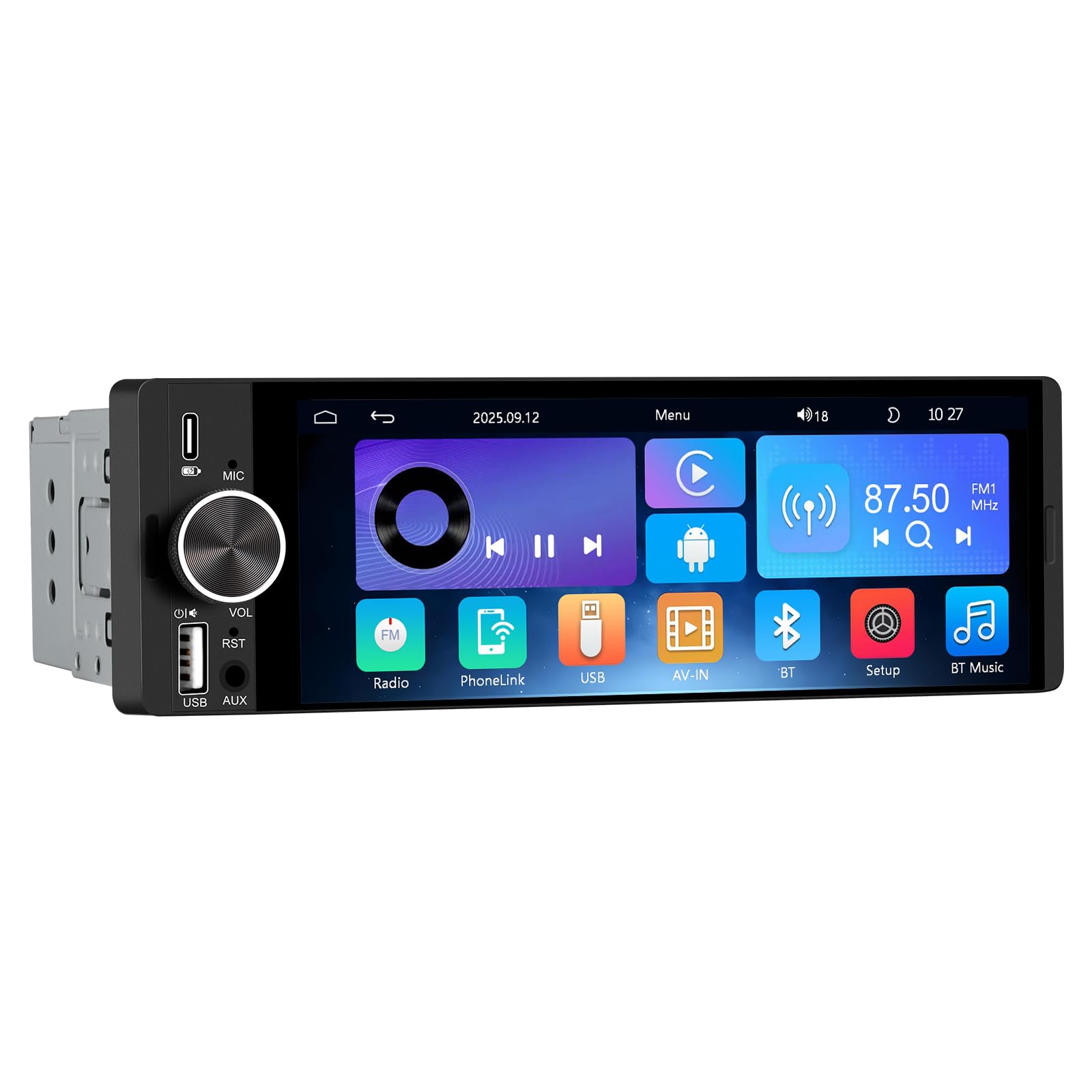 1 DIN Universales Autoradio, Carplay, Android Auto, DAB+, Rückfahrkamera | 6,28 Zoll Touchscreen, Online-Navigation von Carplay, RDS, Typ-C-Anschluss, USB-Anschluss, AUX Anschluss, Bluetooth