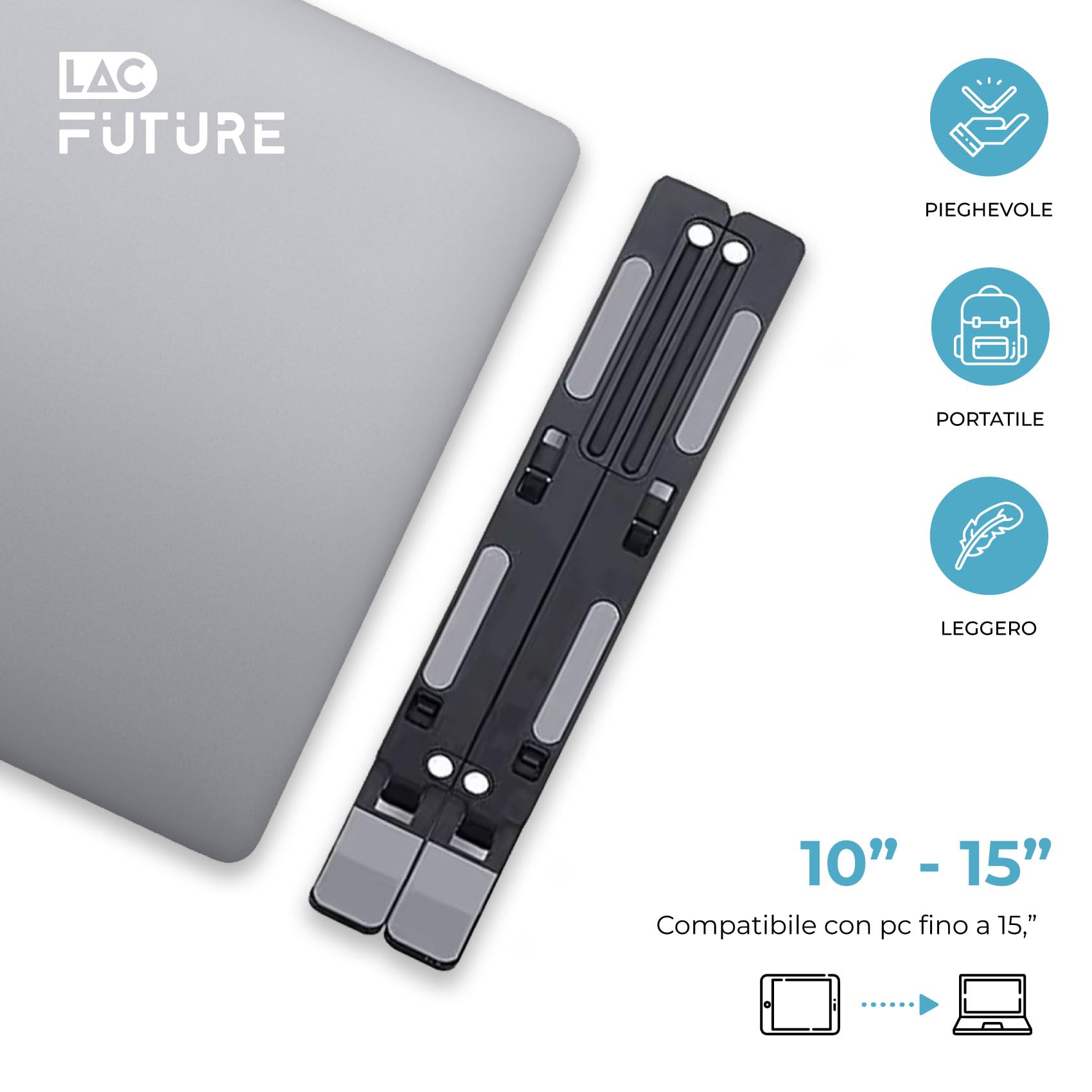 LAC FUTURE Supporto PC Portatile in Alluminio - Rialzo PC Portatile per Scrivania Ufficio Pieghevole e Regolabile 7 Livelli - Laptop Stand Computer e Tablet 10-15,6'' - Nero
