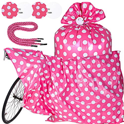 Sabary 2 Pcs 70 x 40 Inch Christmas Jumbo Bike Gift Bag for Giant Gifts Plastic Big Gift Bags Extra Large Gift Bag for Christmas Baby Shower Gift Wrapping Supplies(Pink White, Dot)