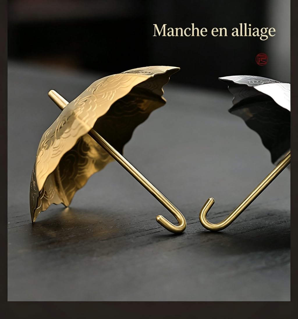 Accesorio de filtración de té en forma de paraguas - Pasapapero de té de acero inoxidable 304 con asas aislantes - Apto para tazas, teteras y escritorios - Modelo dorado ([oro] + soporte)