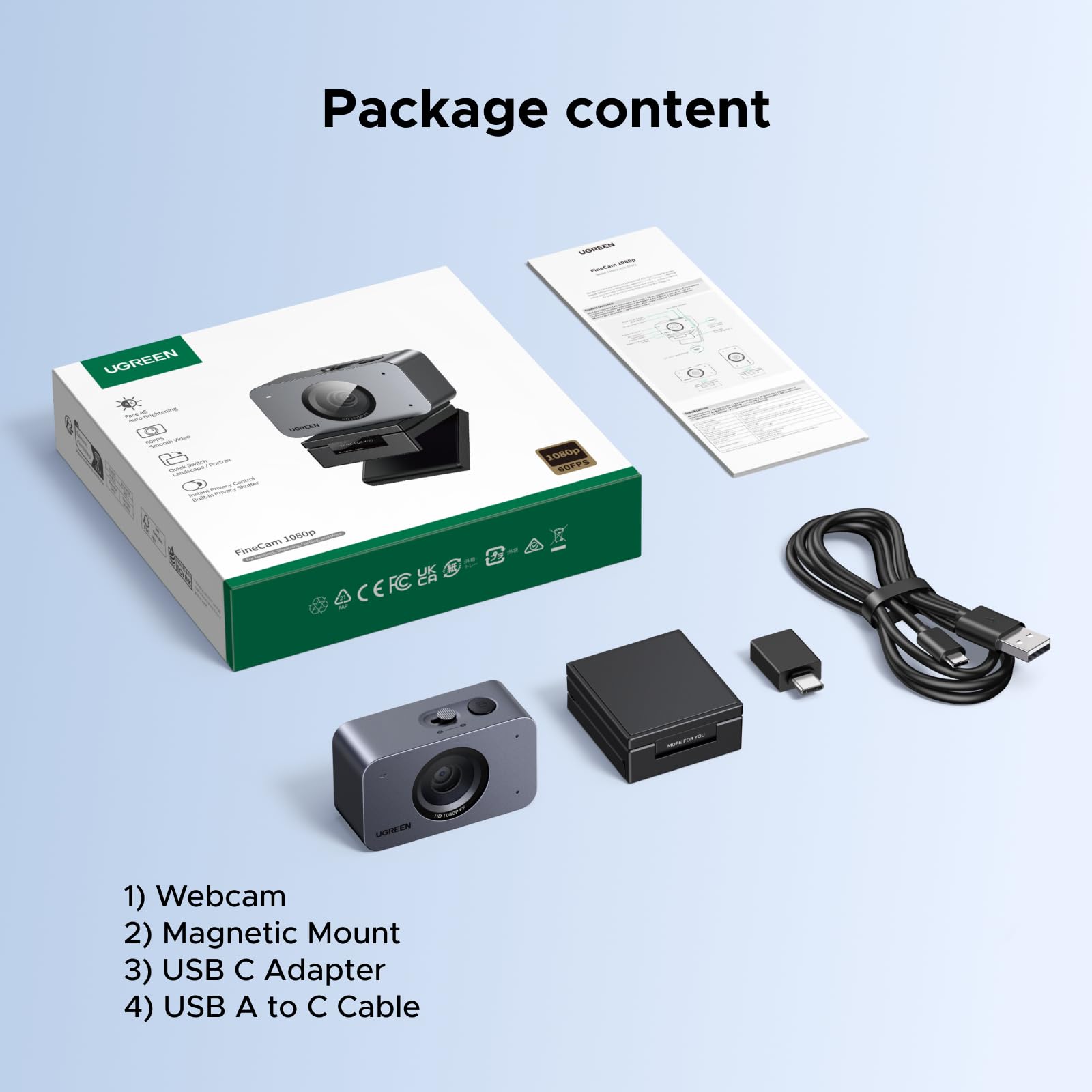 UGREEN FineCam 1080P, Stała ogniskowa, Podwójny Mikrofon, Face AE | UHD Kamera 1080P 60FPS, Face AE, Redukcja Szumów, Tryb Portretowy, Statyw, USB-C, PC/Laptop/Windows/Mac