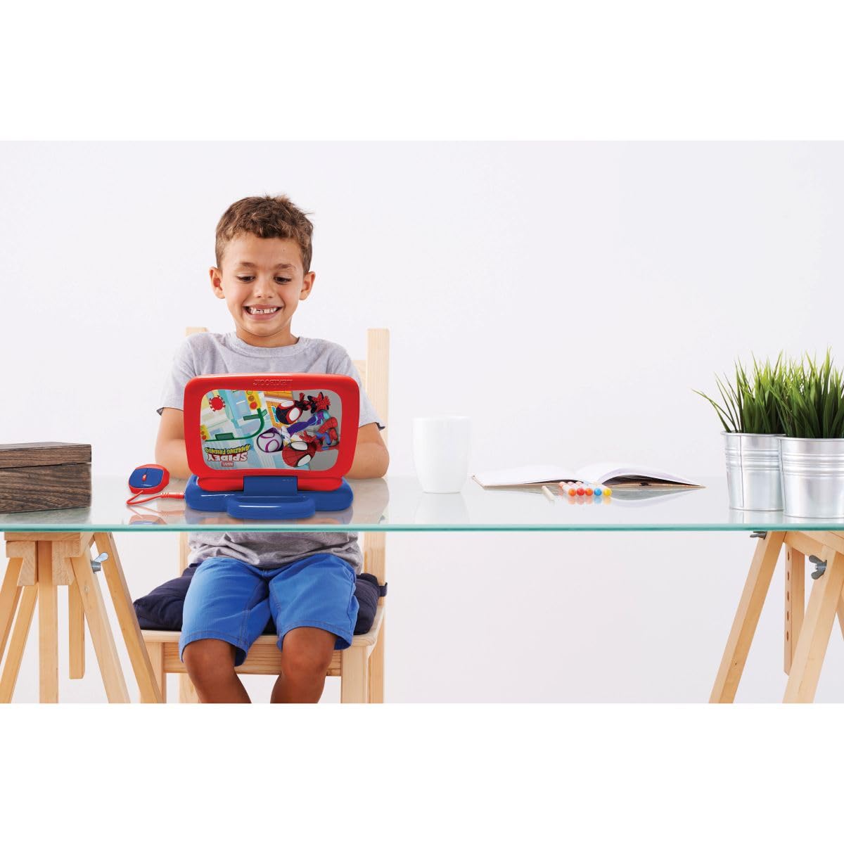 Lexibook, Spidey Bilingual JC398SPi3LXB - Ordenador de Aprendizaje con 40 Actividades, Ordenador Educativo en inglés/alemán, 3 Historias animadas, método de Lectura, Juegos y música, Azul/Rojo