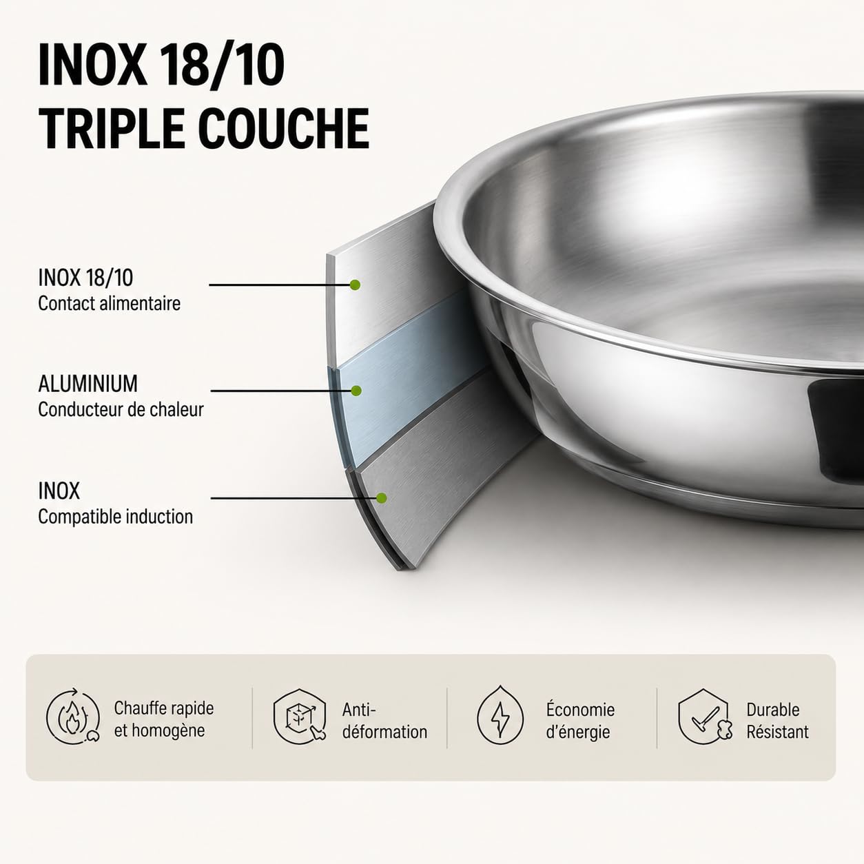 Juego de 3 sartenes de acero inoxidable 18/10 con mango extraíble – Sin PFAS, sin PTFE, sin PFOA – Compatible con inducción, horno y lavavajillas – Estufas apilables 20/24/28 cm – Cocina natural