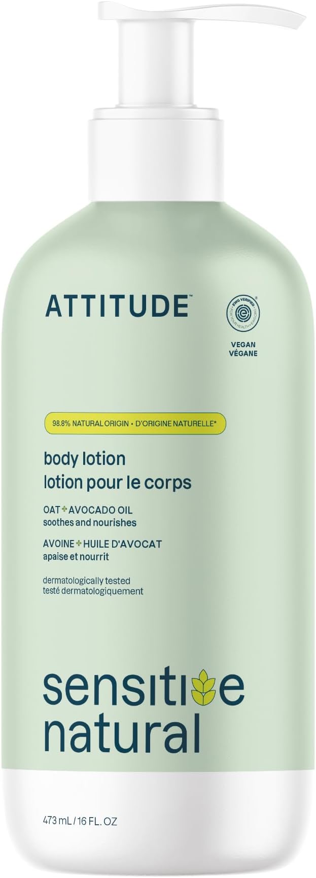 Body Lotion for Sensitive Skin with Oat, EWG Verified, Dermatologically Tested, Vegan, Avocado Oil, 16 Fl Oz