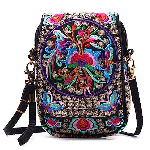 Embroidery Flowers Canvas Crossbody Bag, Women Messenger Bag, Cellphone Pouch Purse