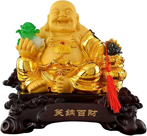 LVTFCO Estatua china de Feng Shui de la suerte de Fengshui, Buda sonriente sentado con col y rana de dinero, proteger la casa, la paz, la riqueza,