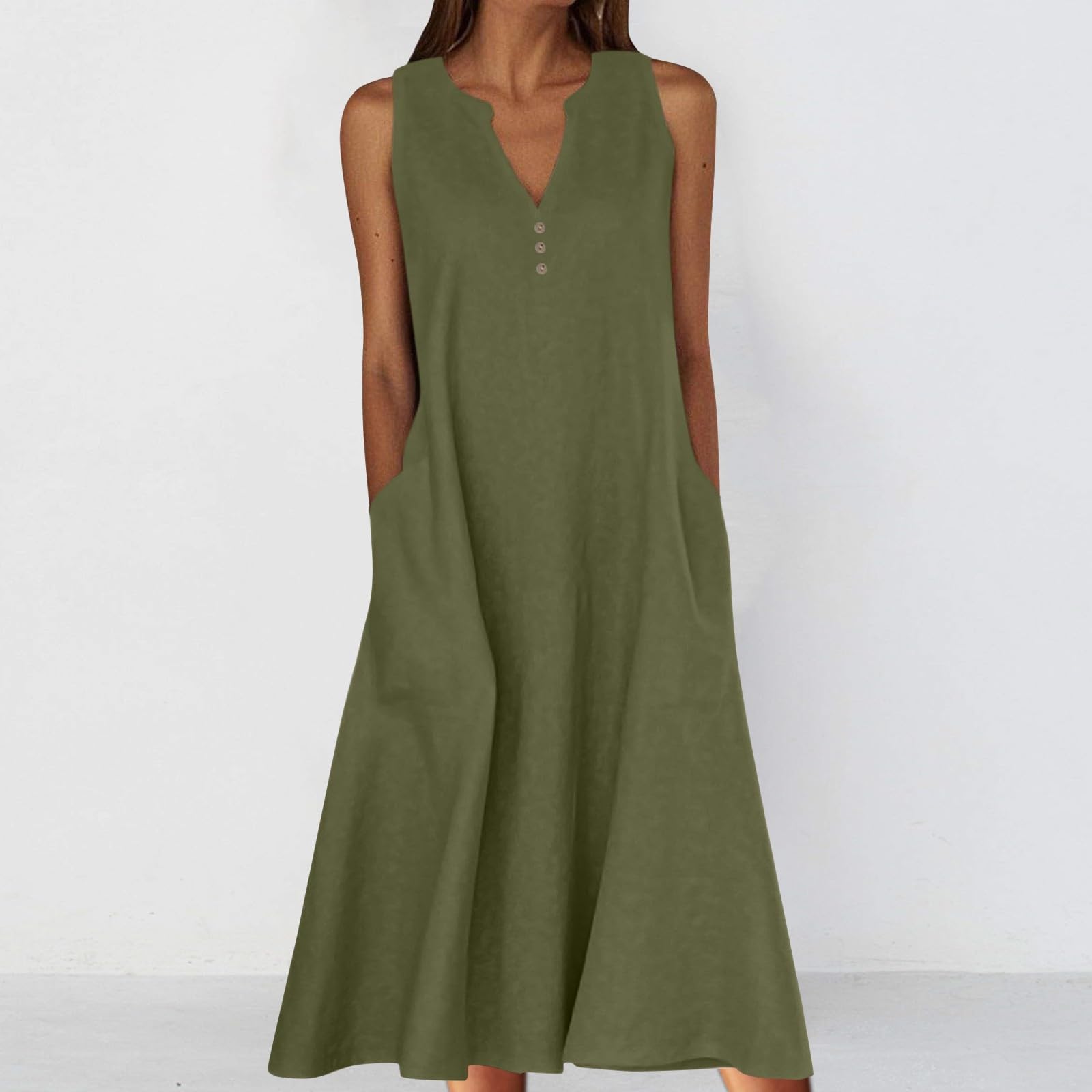 Robe de plage pour femme - Longueur genou - Mini tunique bohème - Robe de plage unie en lin - Sans manches - Avec poches et boutons décoratifs - Col en V - Robe de loisirs pour les vacances et la vie