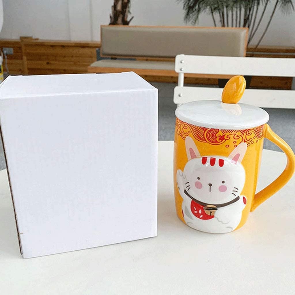 Tazas de Té Tazas Desayuno Linda Taza de cerámica con Forma de Gato, Taza con Tapa y Cuchara, Taza de Gran Capacidad para la Oficina en el hogar Tazas Tazas de Cafe (Color : A-Yellow)