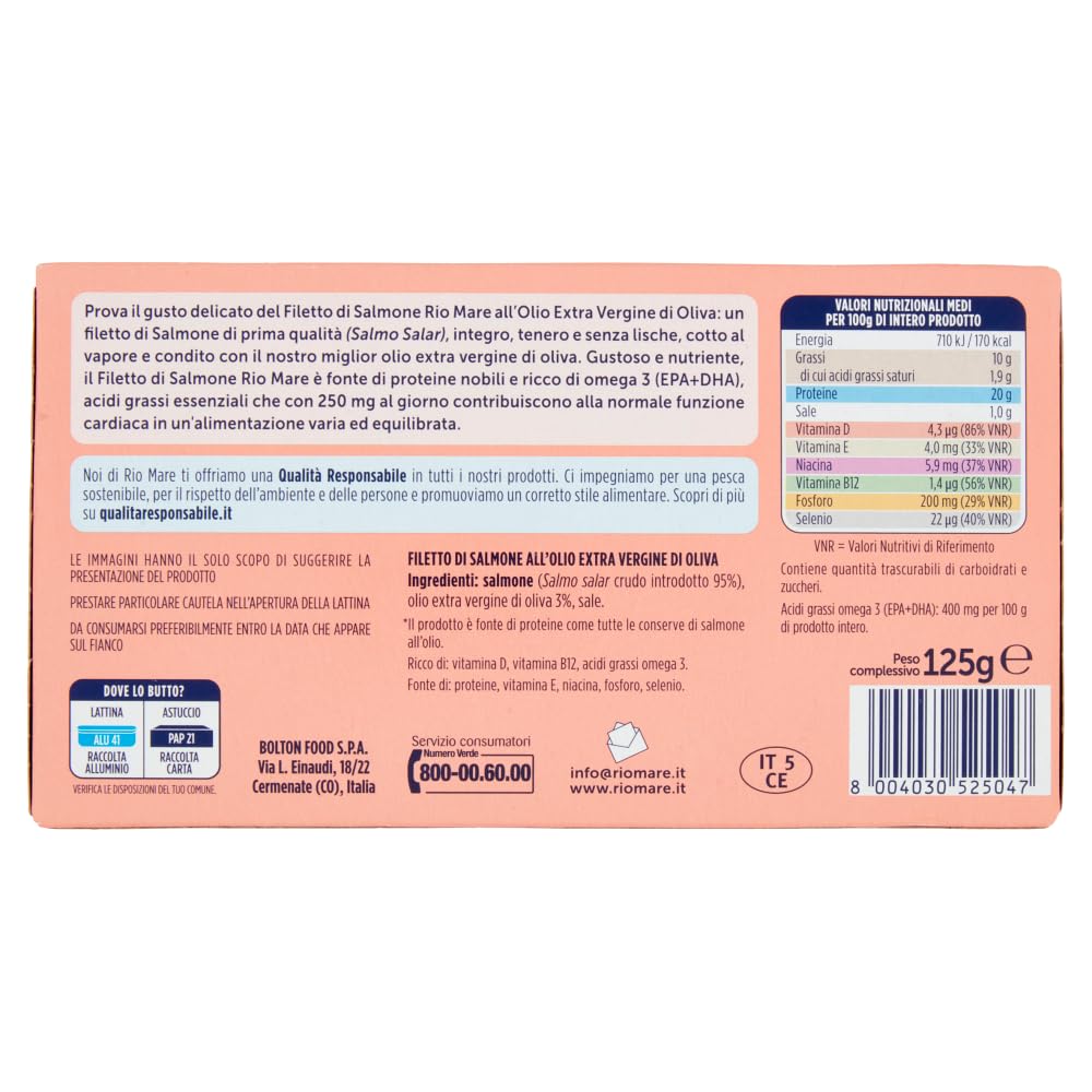 Italian Gourmet Filetti di Salmone al vapore in Olivenöl zart 12 x 125g | Ricco di Omega 3; sanft gegart, saftig und servierfertig per insalate, Gesamtnettogewicht 1,5 kg + Kostenlos Polpa 400g