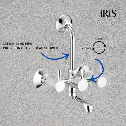 Image of iRiS 2-in-1 Brass Wall Mixer Tap with Overhead Shower Provision | 125mm Long Bend Pipe | Visible Hot & Cold Indicators | Chrome Finish Bathroom Faucet | Wall-Mounted Brass Tap