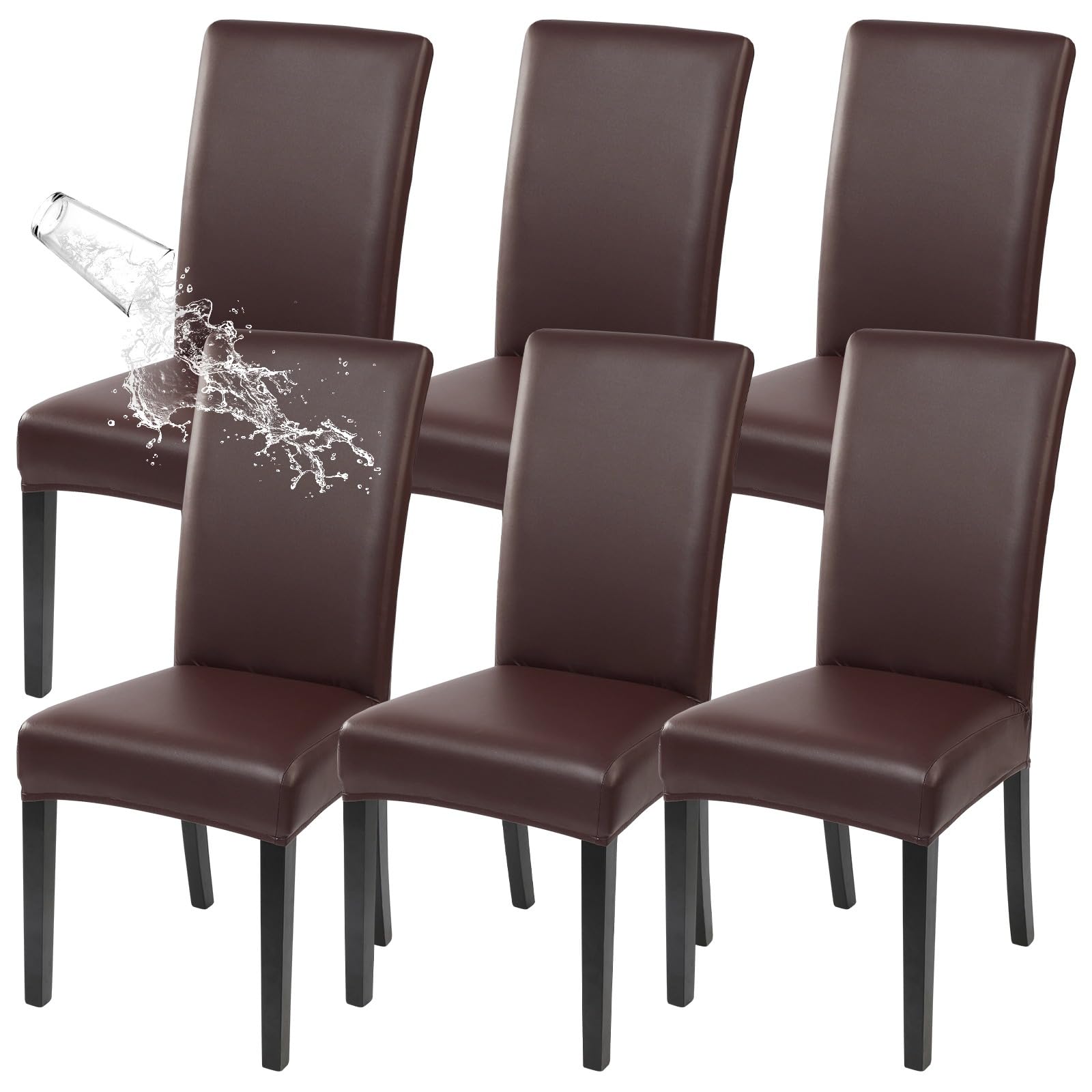 SearchI Waterproof PU Leather Dining Chair Covers Set of 6, Stretch Oilproof Parsons Chair Slipcovers Removable Washable Kitchen Chair Protector for