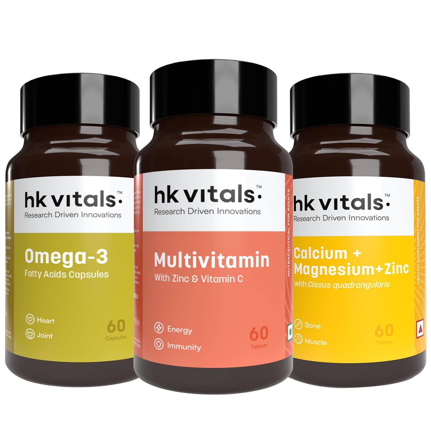 HealthKart HK Vitals Omega 3 Fish Oil Supplement, 1000 mg Omega 3 with 180 mg EPA and 120 mg DHA, Multivitamin with Multiminerals, Calcium, Magnesium, and Zinc with Vitamin D3, 60 Tablets (Combo Pack