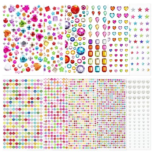 Sularpek 3034 Pcs Gem Stickers 11 Sheets Self Adhesive Gems Multicoloured Stick on Gems Sticky Gems Rhinestone Stickers for Crafts Scrapbooking DIY & Face Decorations