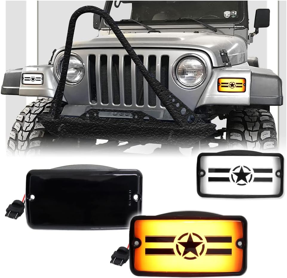 2 IN 1 Front Corner Turn Signal Parking Lights for 1997-2006 J-e-e-p Wrangler TJ, Smoked Lens Daytime Running Lamps Replaces part #55155629AC, 55155628AC - Star Imaged