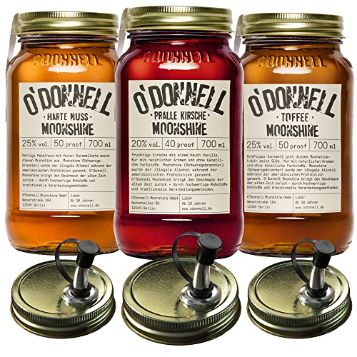 ODonnell Moonshine Likör Set 3x 700ml Premium Likör (Made in Berlin) Rum Likör in Original Mason Jars + 3x Ausgießer Harte Nuss Haselnusslikör Karamell Toffee & Kirschlikör