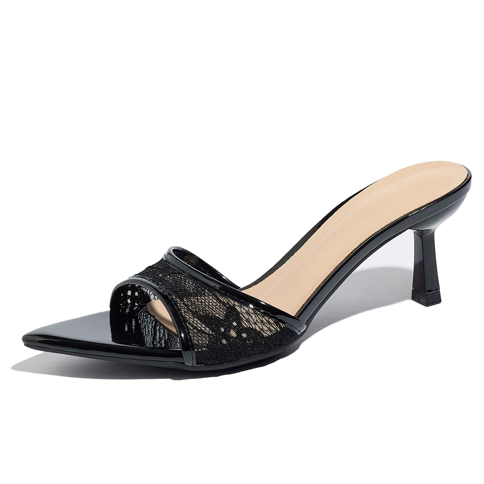 Women'S Open Pointed Toe Kitten Heels Mules Sexy Lace Slip On High Heel Backless Sandals Summer Party Wedding Dress Pumps Slippers