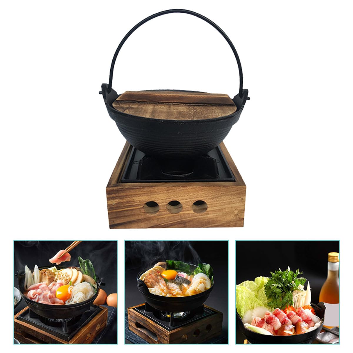 COLLBATH Olla Caliente Japonesa de Hierro Fundido para Sukiyaki Portátil con Aislamiento Térmico Adecuado para Cocinar al Aire Libre y Camping