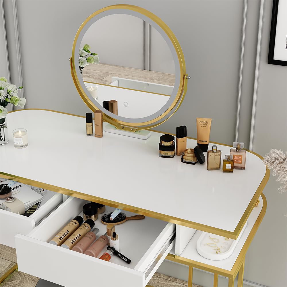 Vicco Tavolo da toilette Tiara, Bianco/Oro, 110 cm, con illuminazione LED e specchio regolabile in altezza