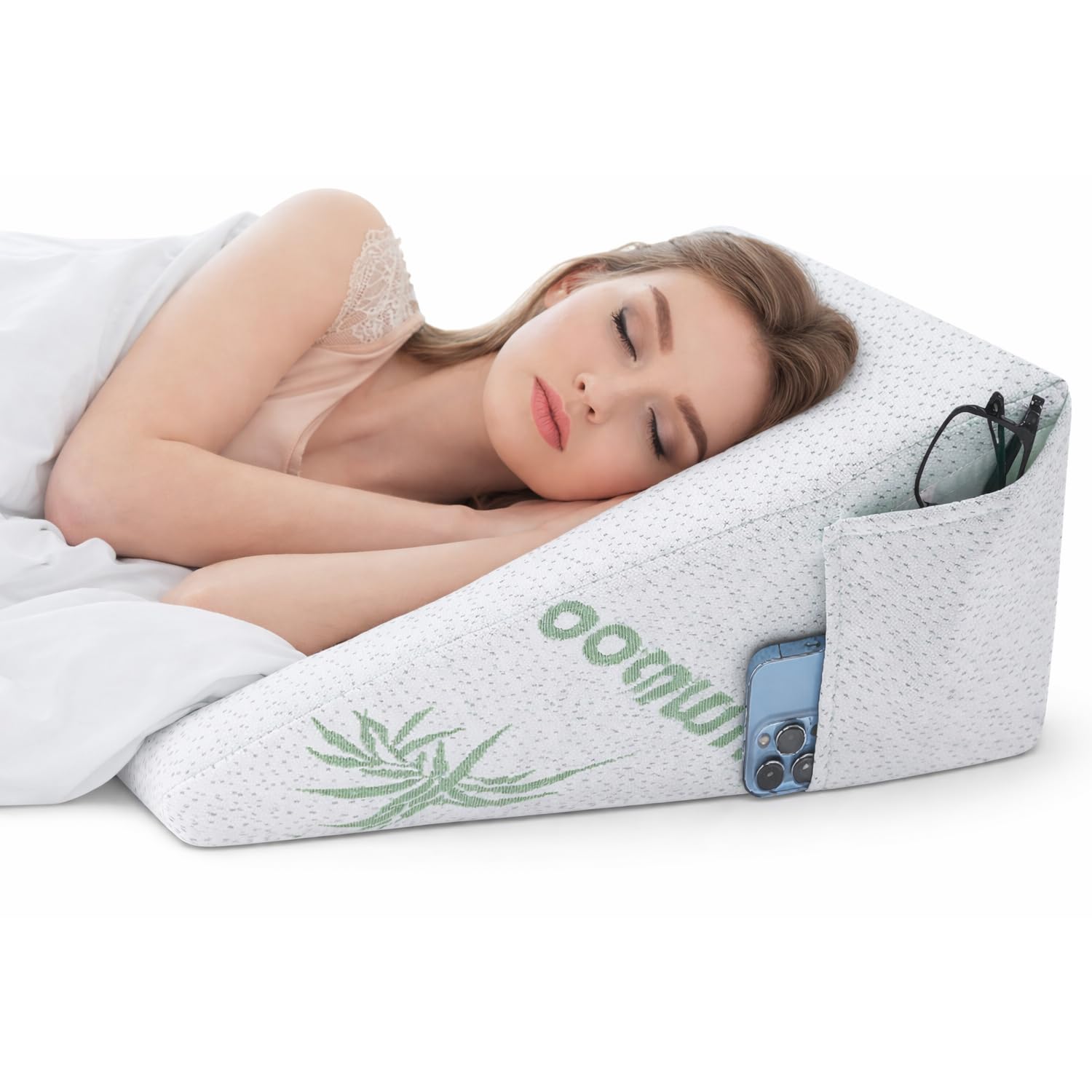 Brillars White 𝗣𝗿𝗲𝗺𝗶𝘂𝗺 Bamboo Bed Wedge Pillow - Deeper Sleep - Antibacterial, Breathable Contouring Support Stay Cool Memory Foam Cushion With Left Side Pockets
