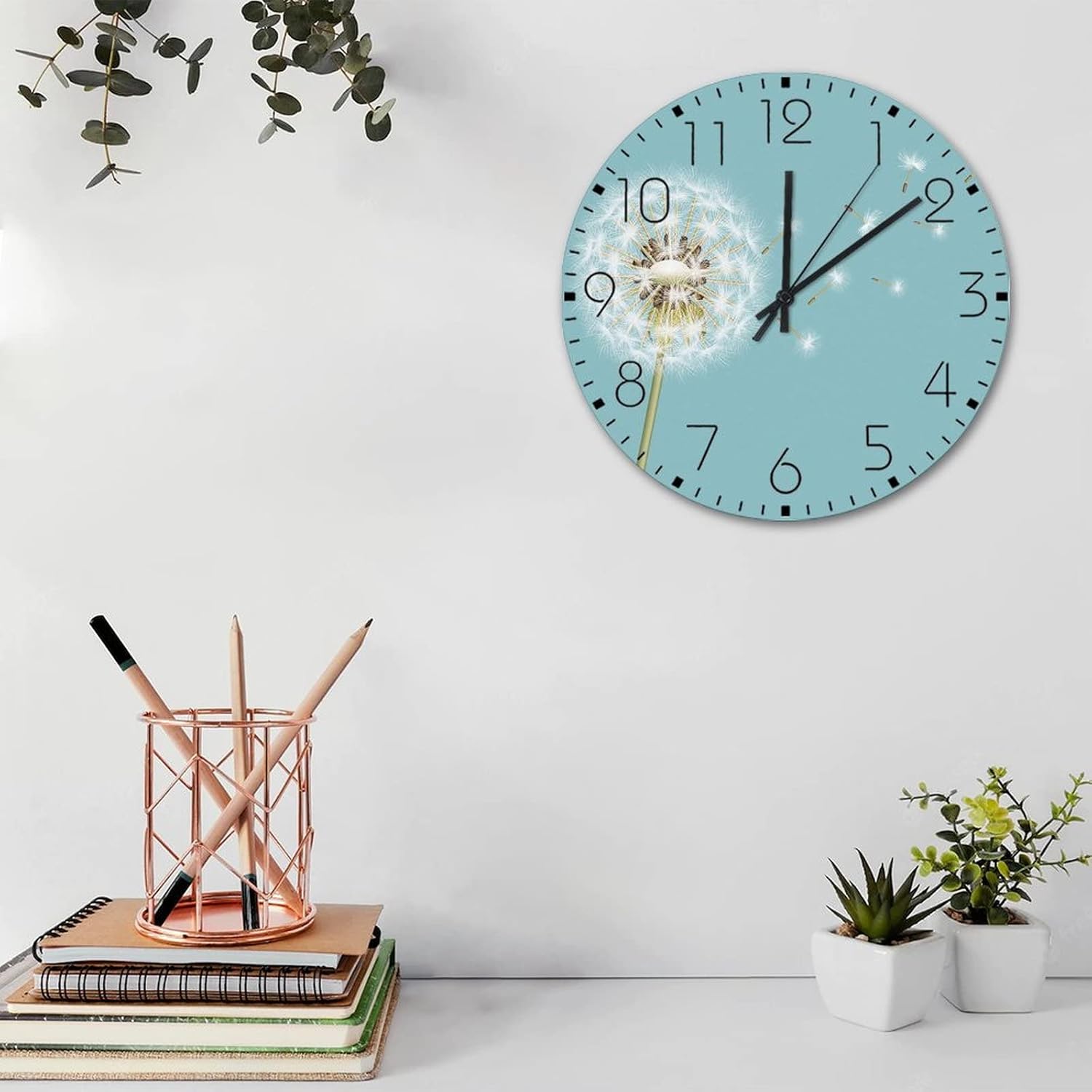 12" Silent Non-Ticking Wall Clocks Battery Operated White Dandelion Turquoise Wooden Wall Decor for Kitchen Nature Flowers Artwork Country Round Wooden Wall Clock Rustic for Art Room Family Room