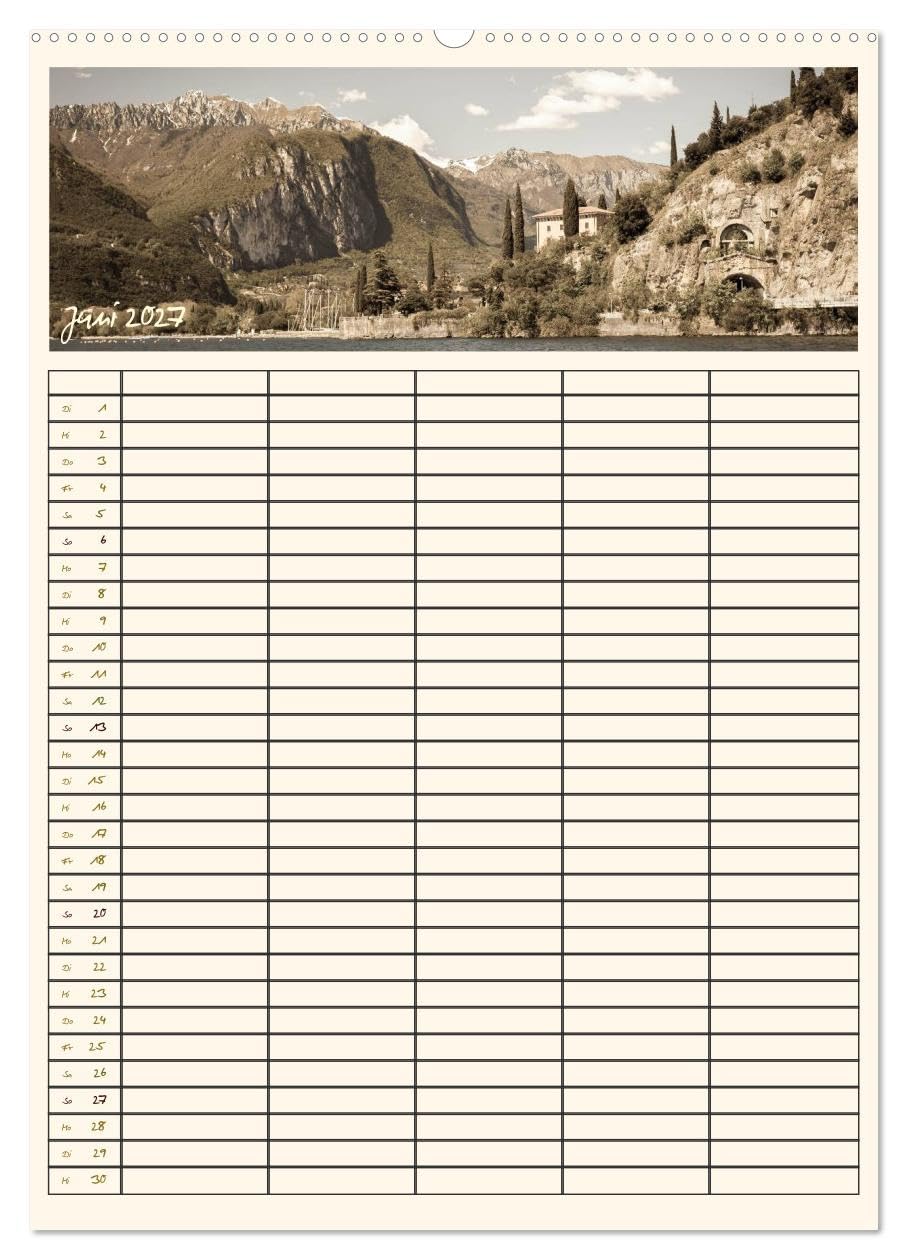 CALVENDO - Der Gardasee im Norden - Familienplaner 2027 (Wandkalender 2027 DIN A2 hoch), Monatskalender: Genießen Sie das atemberaubende Panorama des Nordufers. Für ihre Planung stehen Ihnen 5 Spalten