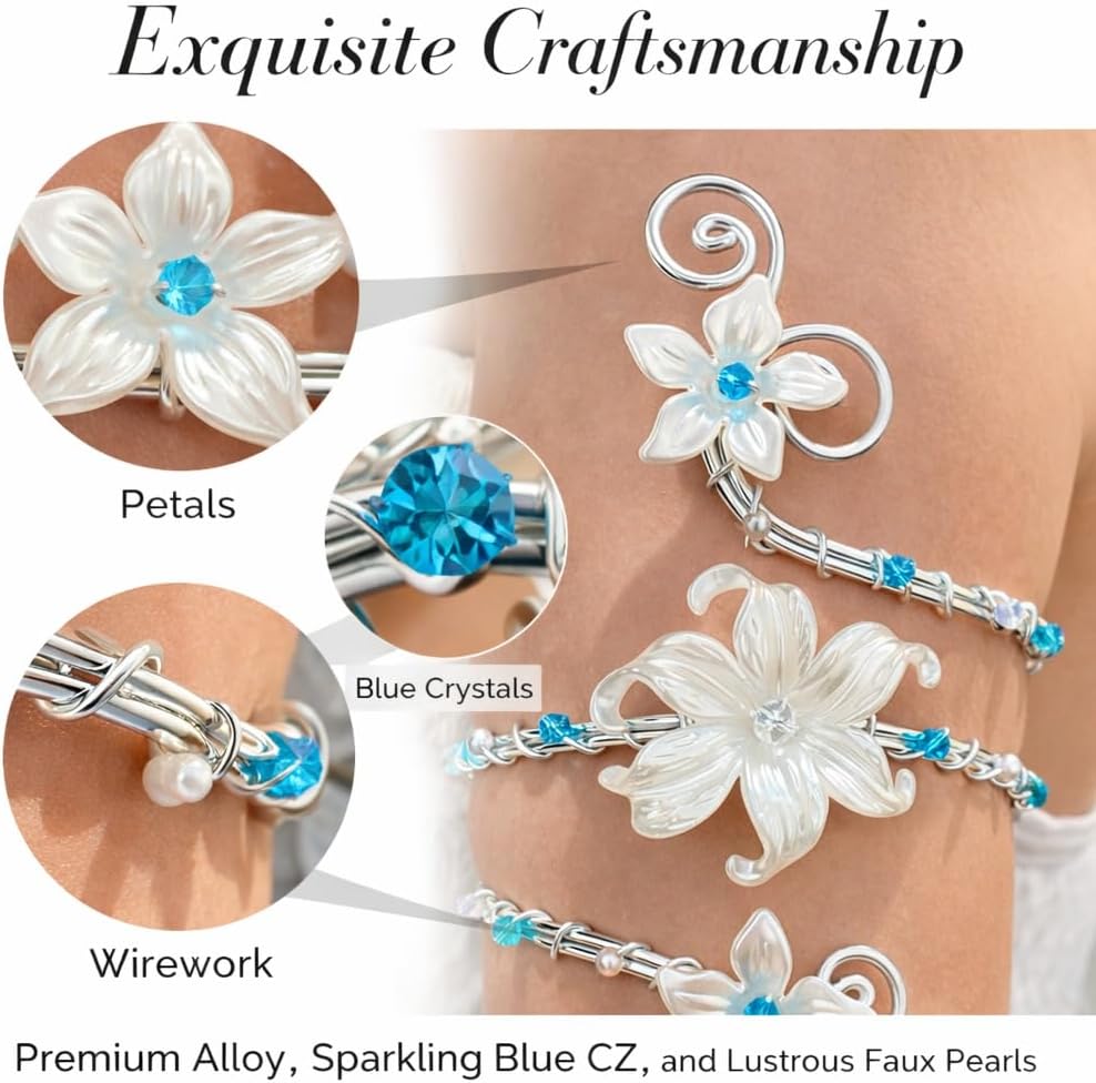Flower Arm Cuff Bracelet,White&Blue Floral Spiral Bracelets Adjustable Open Bangle Bracelet Boho Vintage Pearl CZ Bracelets Jewelry Gifts for Women