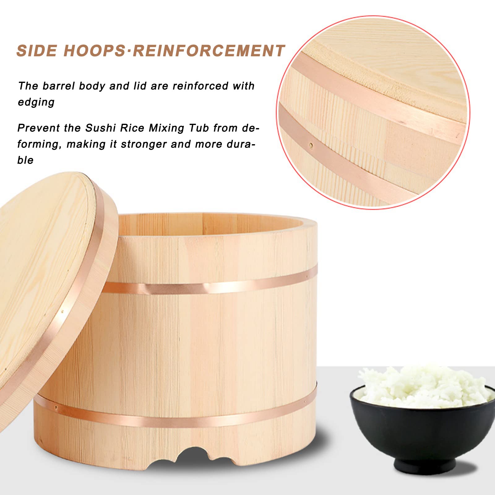 Amazon.co.jp: 蓋付き丸型木製寿司飯器、和風寿司飯混合桶、寿司と混ぜ