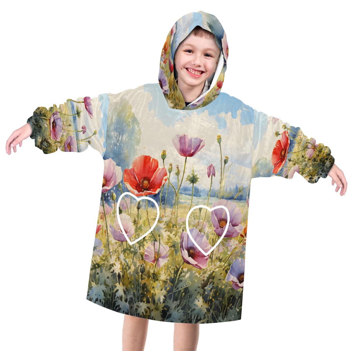 Wearable Blanket Hoodie for Kids, Watercolor Florals Fleece Sweatshirt Blanket Oversized Blanket Sweatshirt with Pocket Flannel Warm Hooded Blanket 6-10 Year Old Girl Boy Gift, One Size