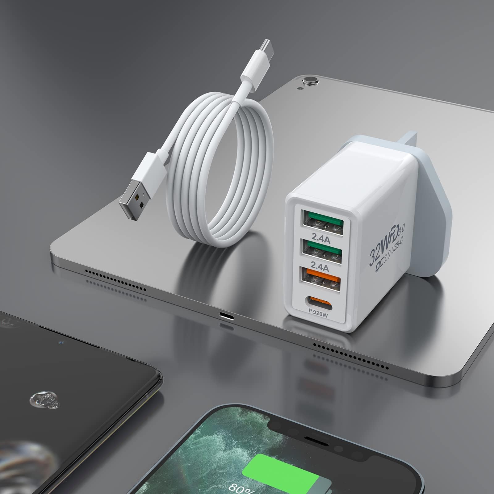 Multi USB C Plug Fast Charge, 32W USB C PD + QC3.0 Fast Wall Charger USB Plug Adapter UK Fast Charging for iPhone 13/13 Mini/13 Pro/13 Pro Max/12/SE 3/11, iPad Mini 6, iPad Air 5,Galaxy S22/S21,Pixel