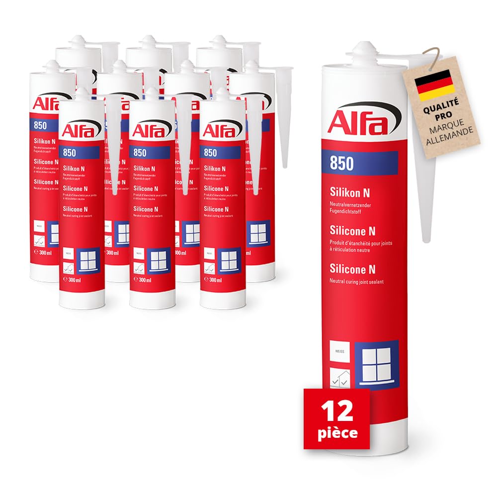 Alfa Silicone N noir – Salle de bain – toiture fenêtre – 12 pièces | Mastic scellant neutre pour joints de fenêtre, porte et vitrage, intérieur et extérieur, résistant UV et intempéries