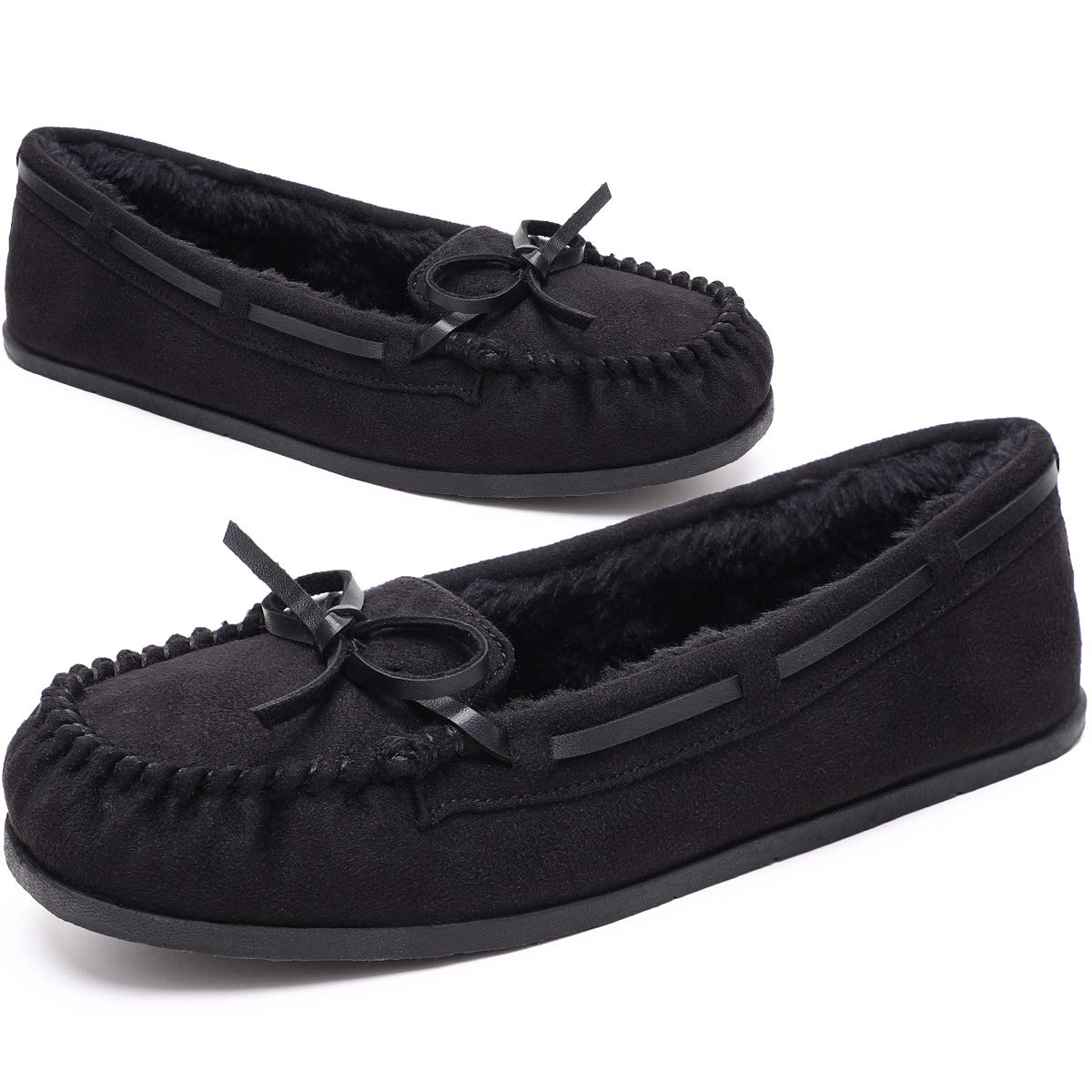 Womens Faux Fur Moccasin Slippers, Indoor Outdoor Warm & Cozy House Shoes with Durable Rubber Sole